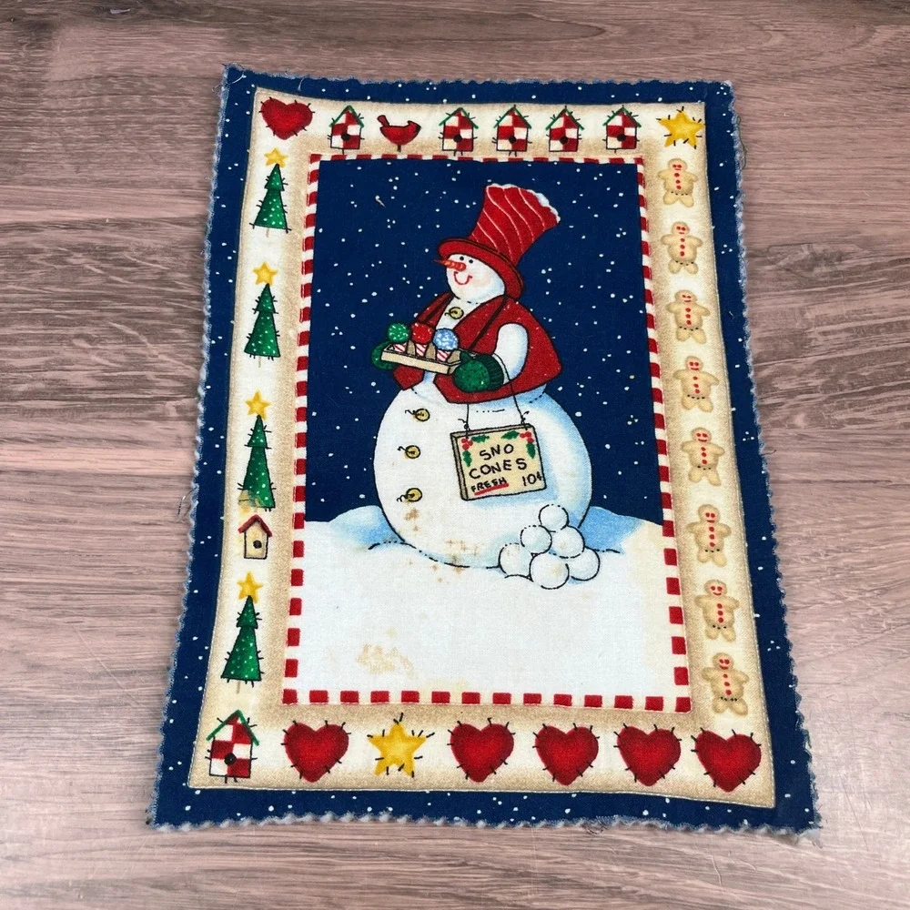Handmade Trivet Potholder Set of 2Navy Snowman Folk Art Quilted Winter Holiday